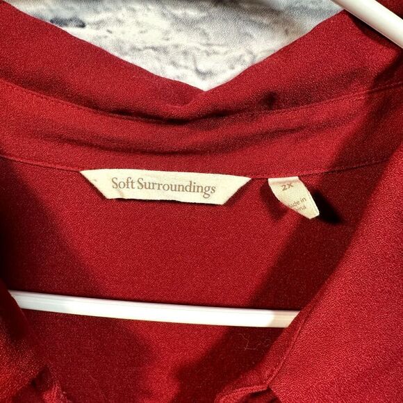 Soft Surroundings Shirt Womens 2X Cranberry Red Button Down Ruffle Sleeve Plus - Picture 2 of 6